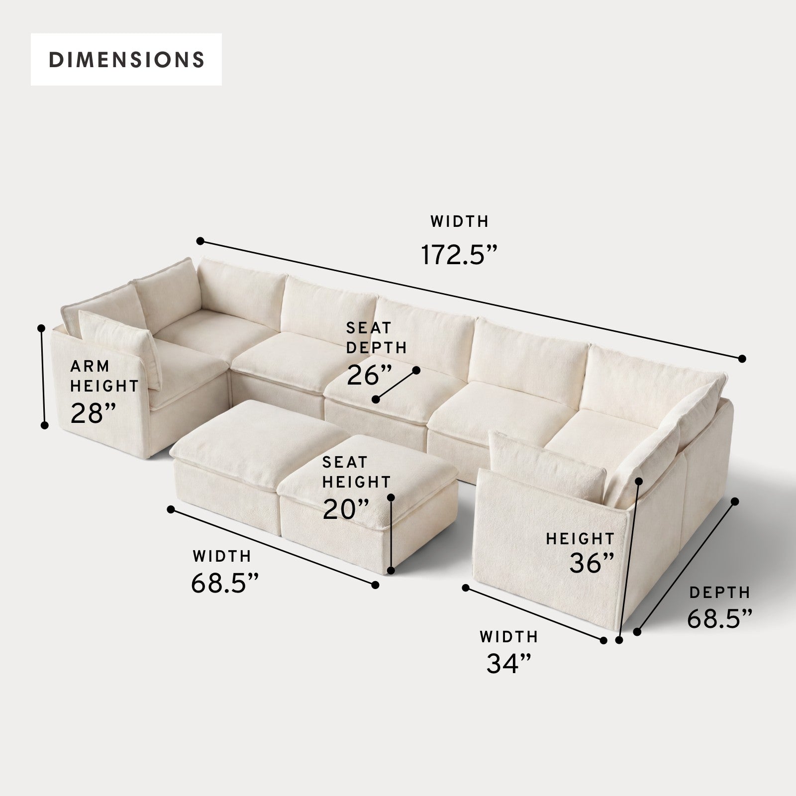 Modular Outdoor Washable 7-Seater U-Sectional + Bench Ottoman | Alfresco Boucle in Creme