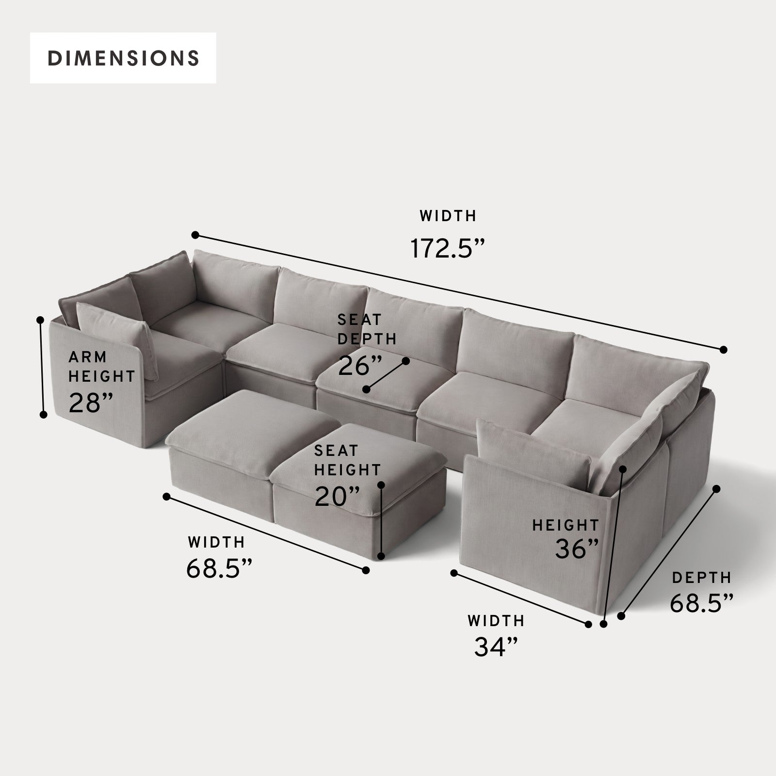 Modular Outdoor Washable 7-Seater U-Sectional + Bench Ottoman | Nano Slubweave in Haze Gray