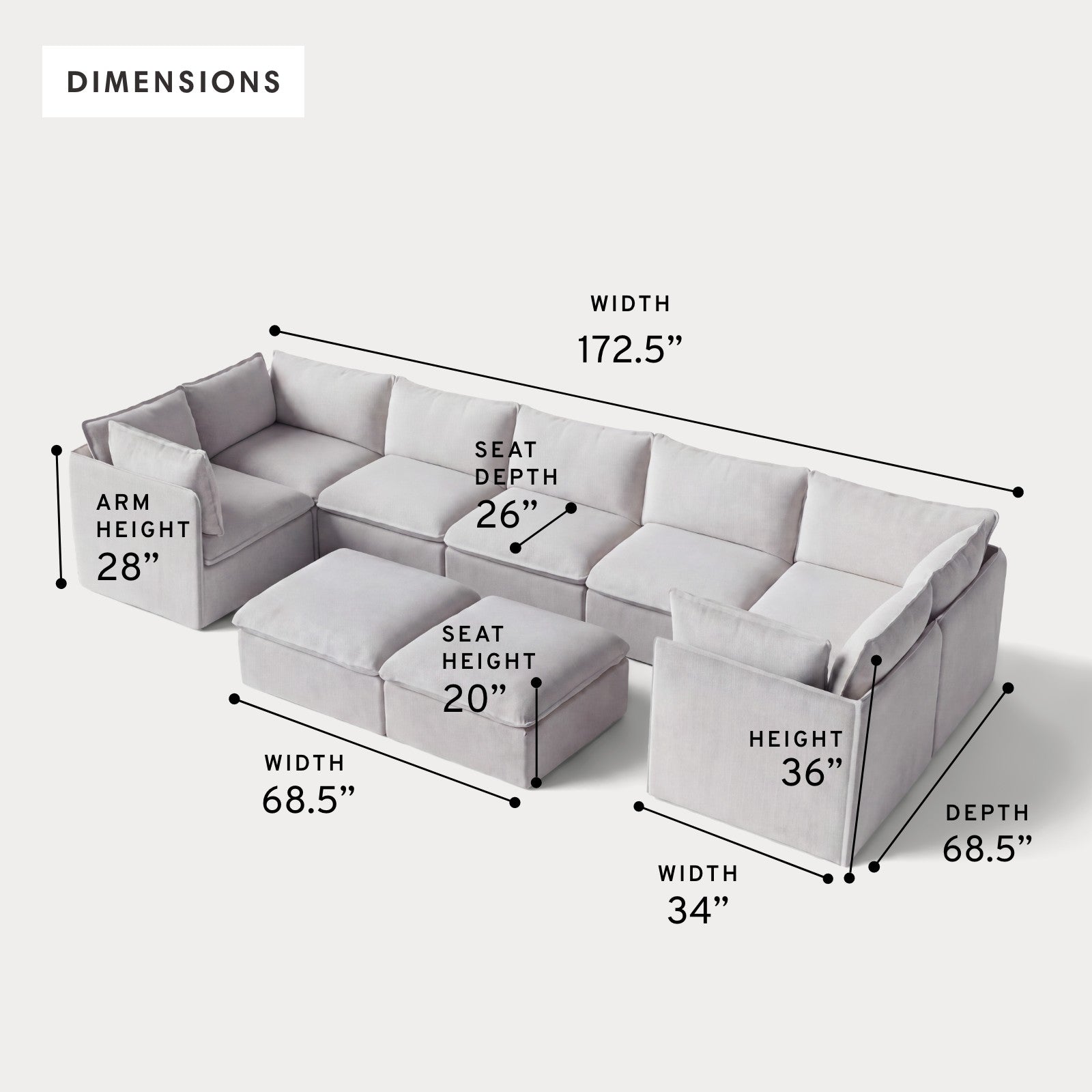 Modular Outdoor Washable 7-Seater U-Sectional + Bench Ottoman | Nano Slubweave in Mist