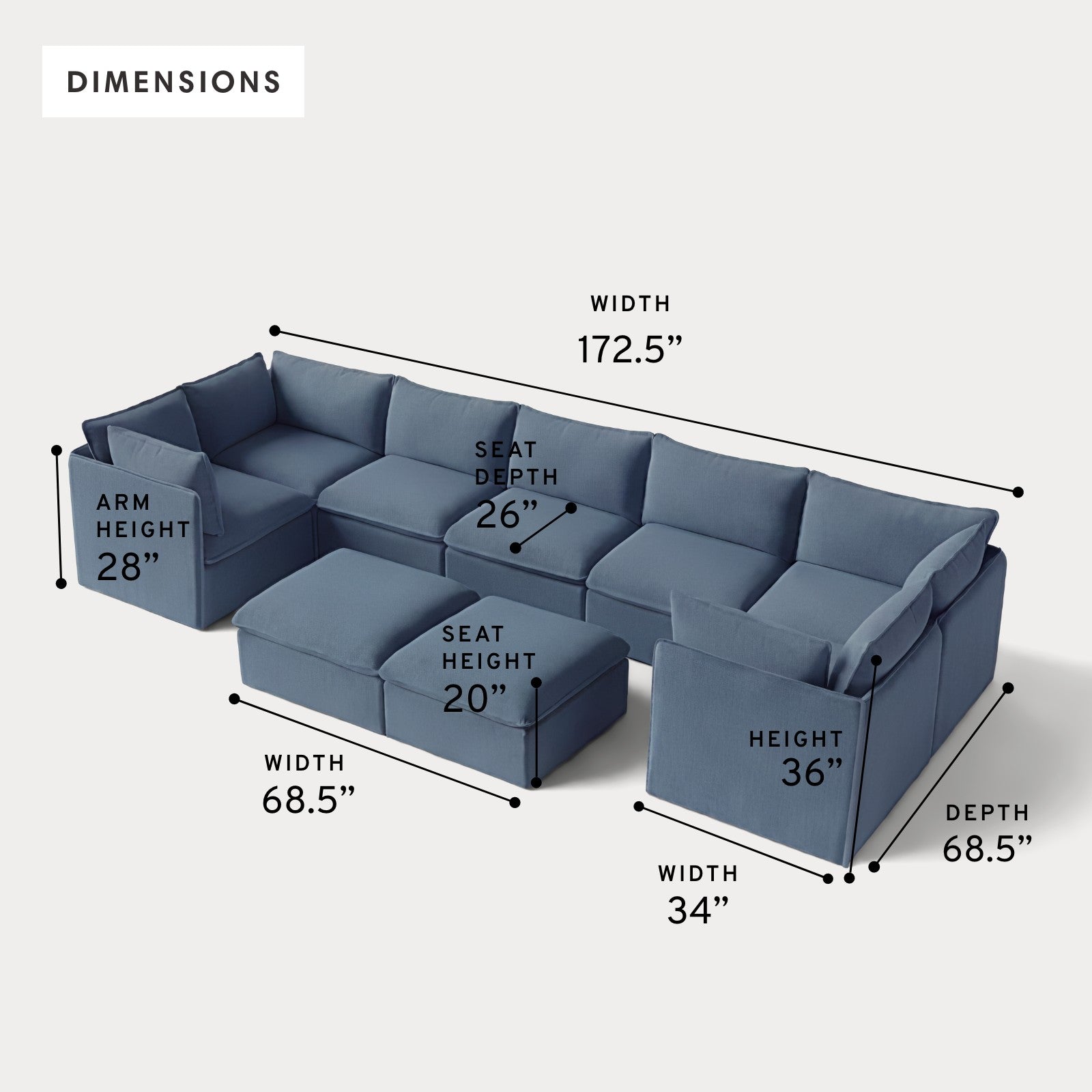 Modular Outdoor Washable 7-Seater U-Sectional + Bench Ottoman | Classic Canvas in Ocean