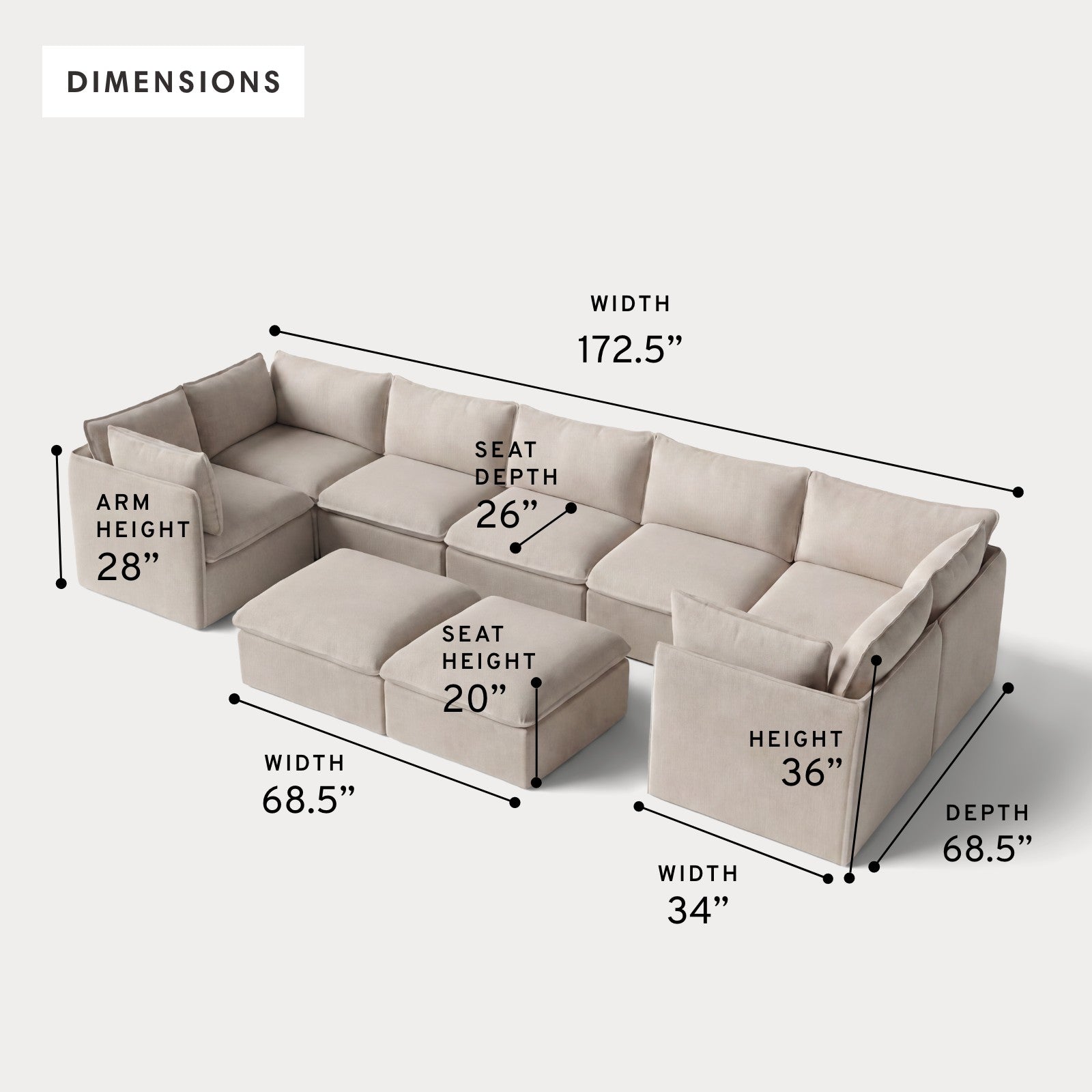 Modular Outdoor Washable 7-Seater U-Sectional + Bench Ottoman | Classic Canvas in Sand