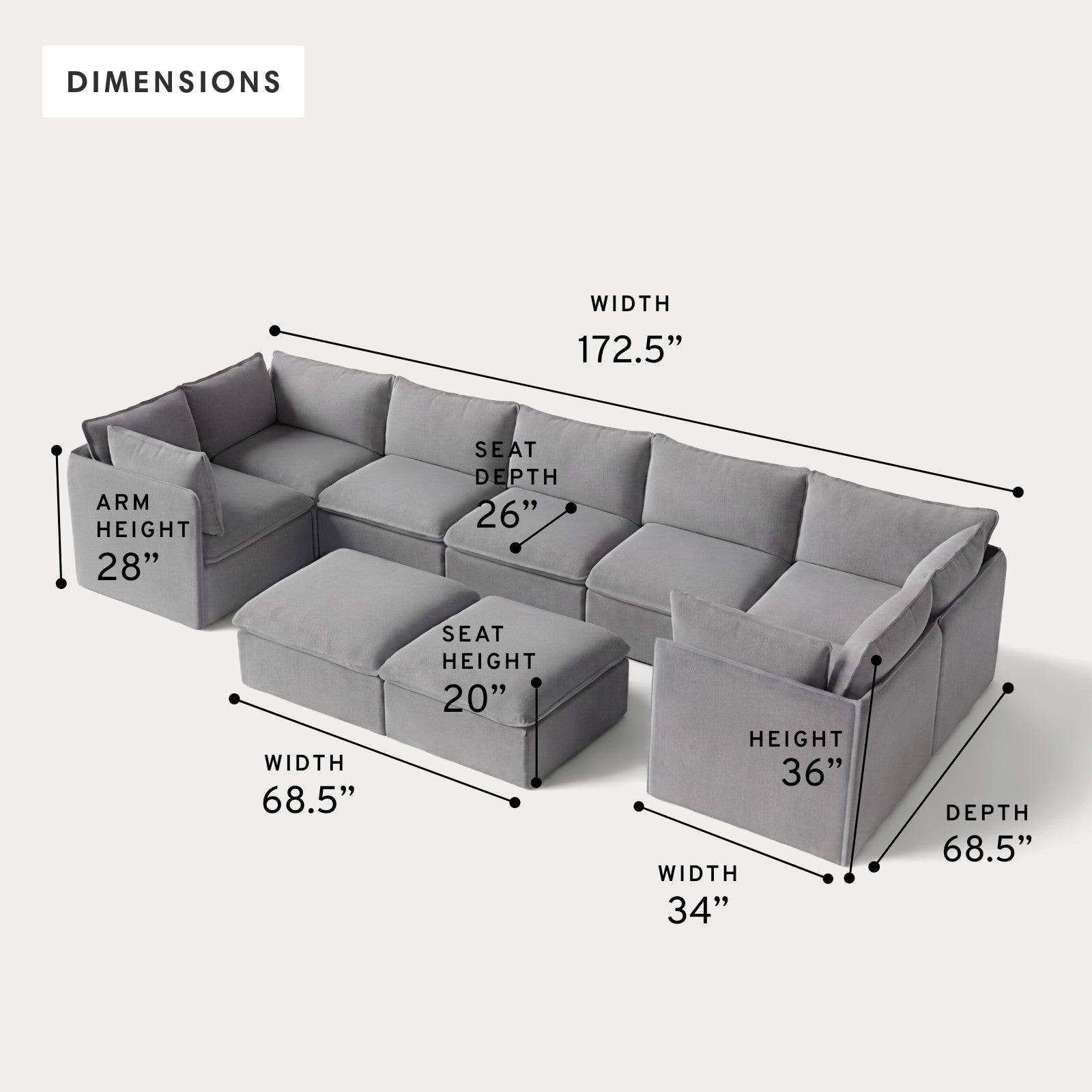 Modular Outdoor Washable 7-Seater U-Sectional + Bench Ottoman | Classic Canvas in Stone Gray