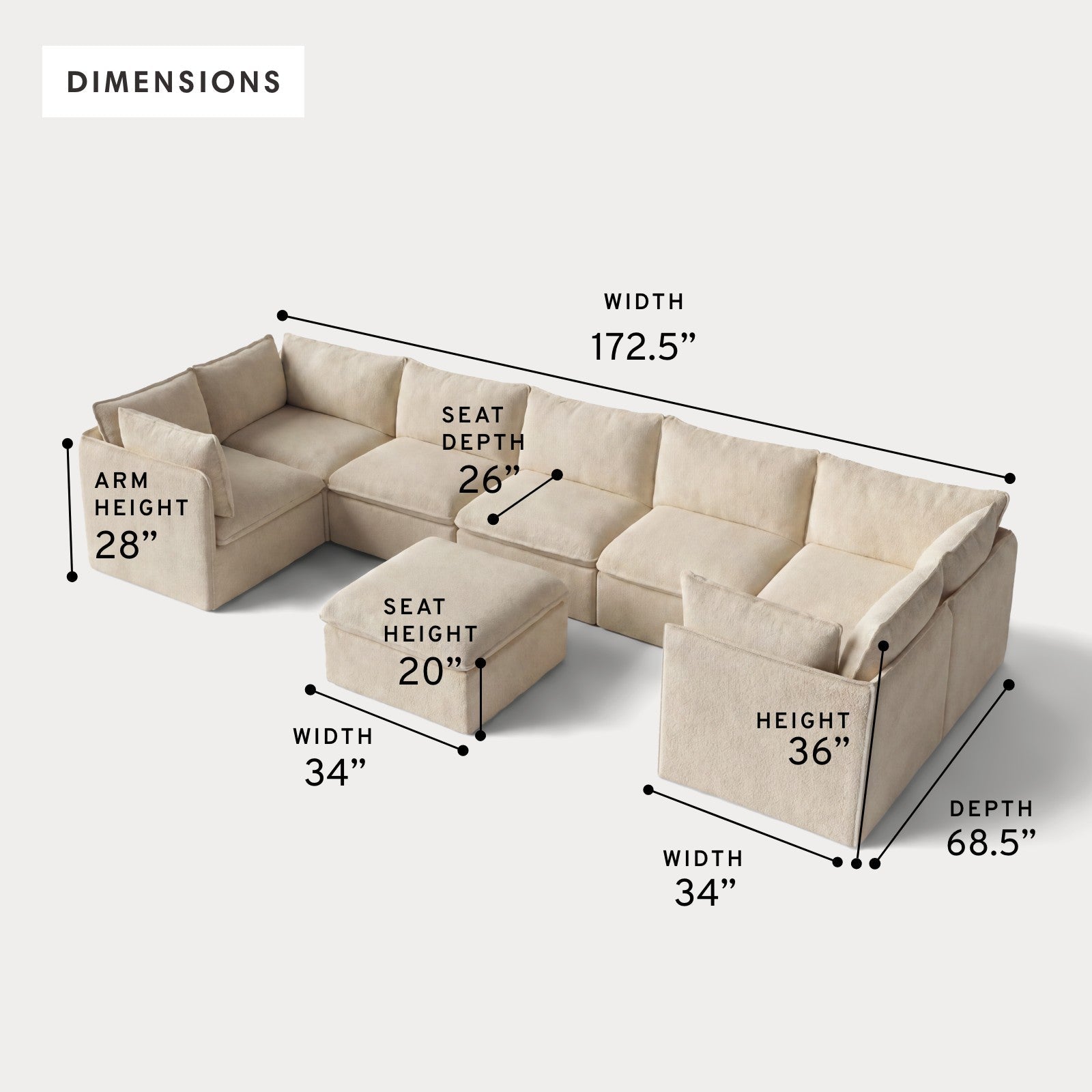 Modular Outdoor Washable 7-Seater U-Sectional + Ottoman | Alfresco Boucle in Cashew