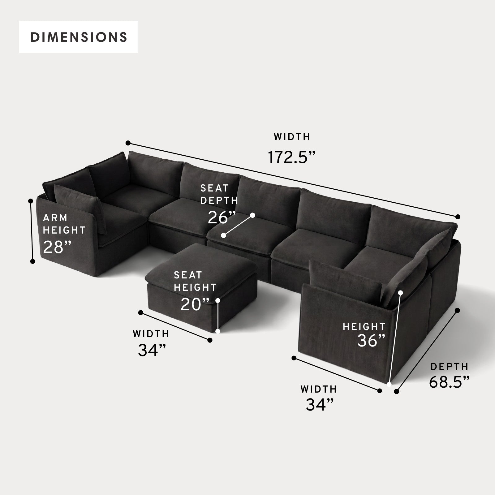 Modular Outdoor Washable 7-Seater U-Sectional + Ottoman | Classic Canvas in Charcoal