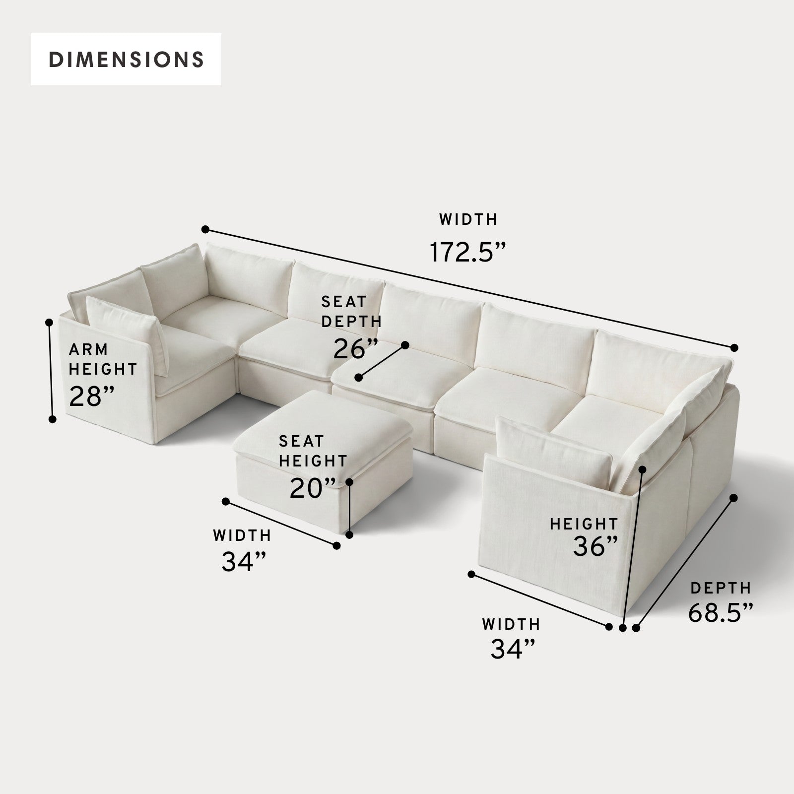 Modular Outdoor Washable 7-Seater U-Sectional + Ottoman | Classic Canvas in Cloud