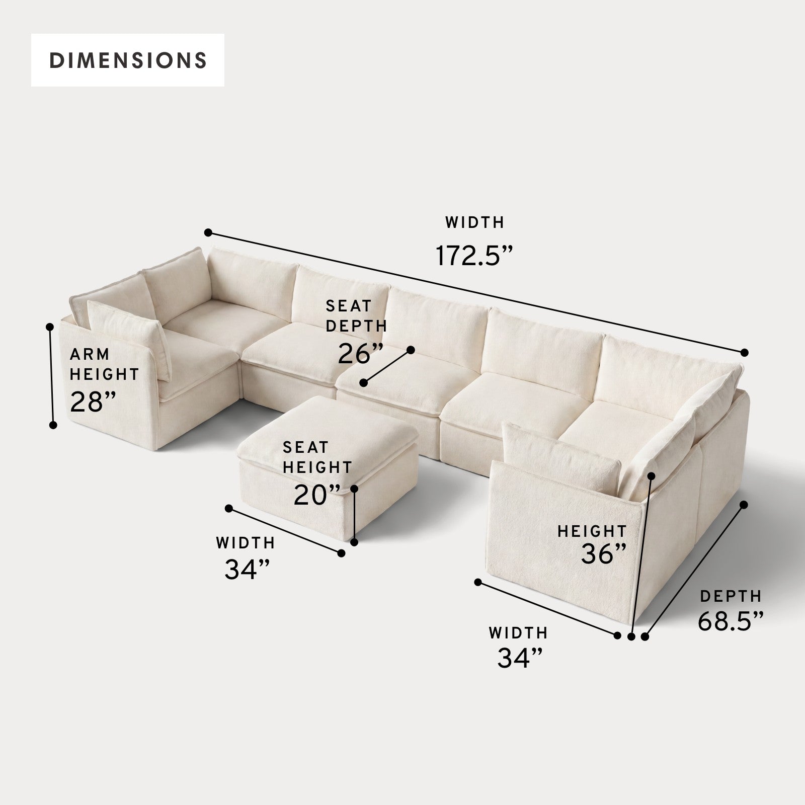 Modular Outdoor Washable 7-Seater U-Sectional + Ottoman | Alfresco Boucle in Creme