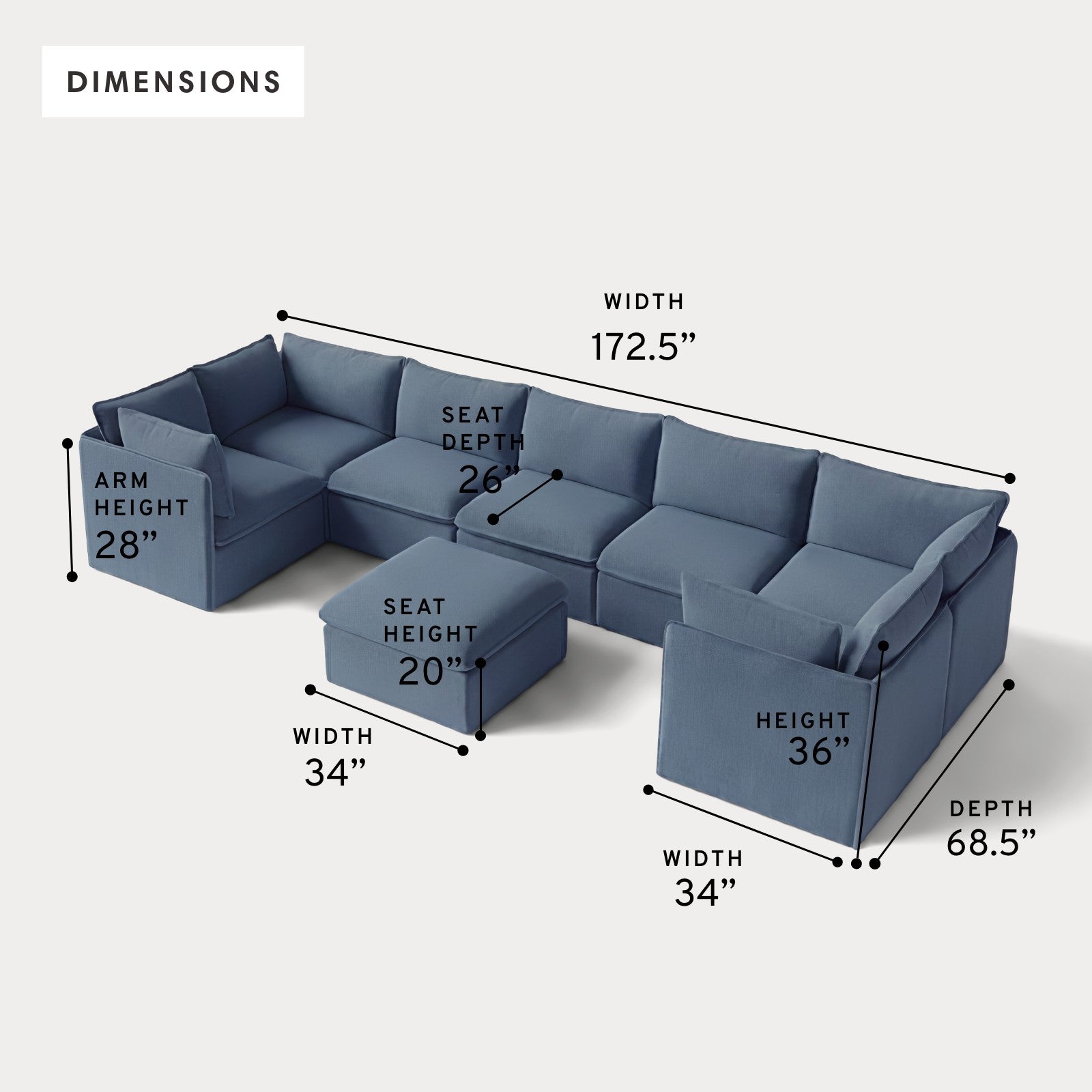 Modular Outdoor Washable 7-Seater U-Sectional + Ottoman | Classic Canvas in Ocean
