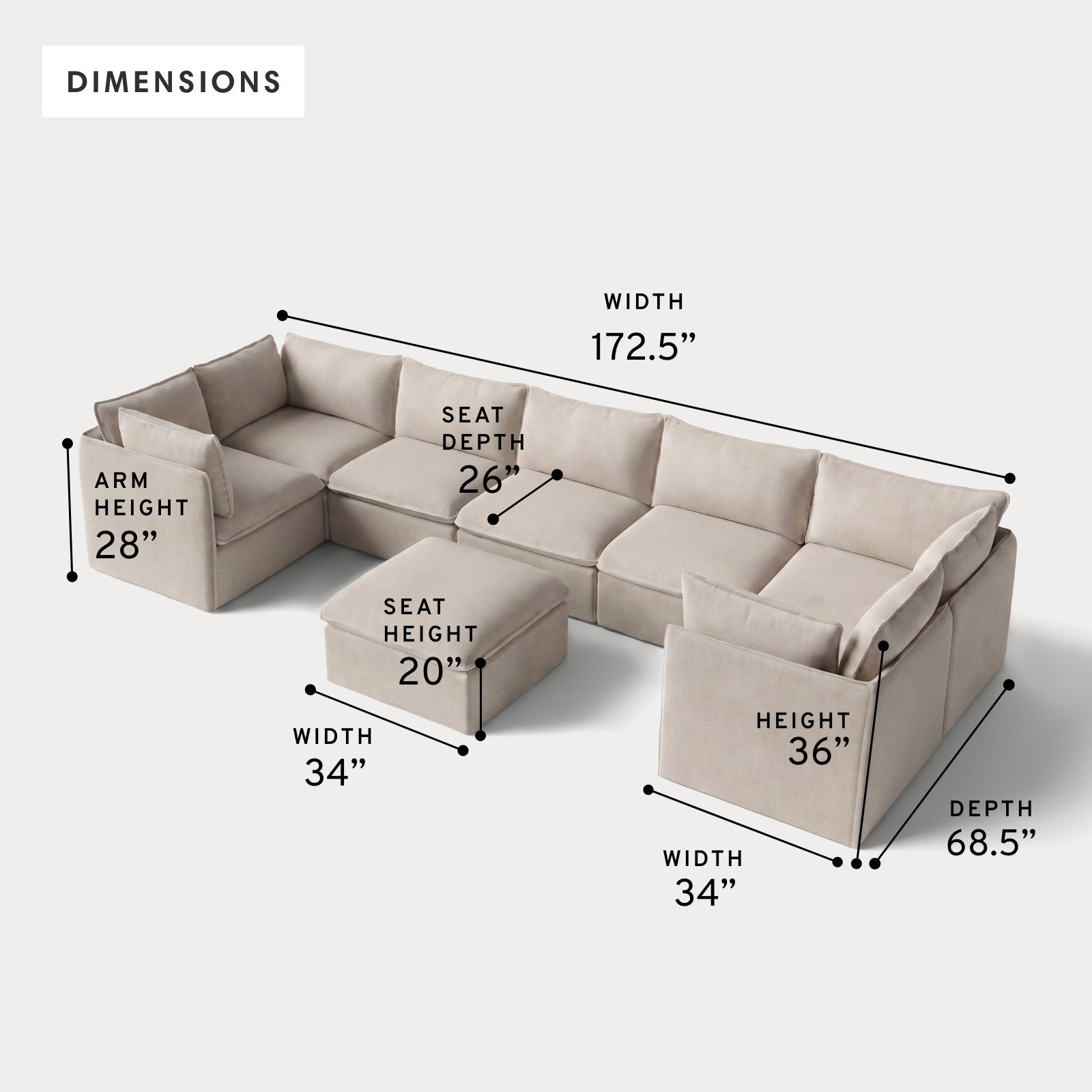 Modular Outdoor Washable 7-Seater U-Sectional + Ottoman | Classic Canvas in Sand