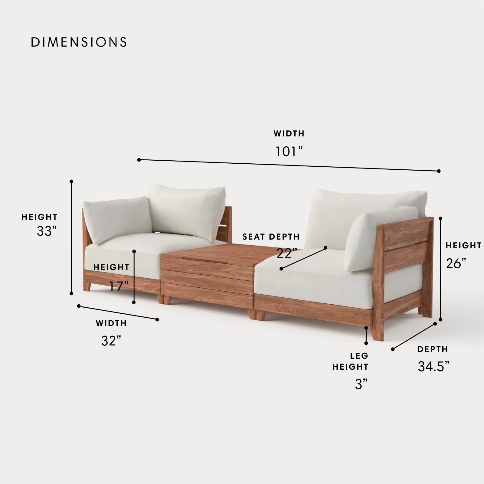 Dwell™ Modular Teak Outdoor 2-Seater + Storage Coffee Table | Classic Canvas in Cloud