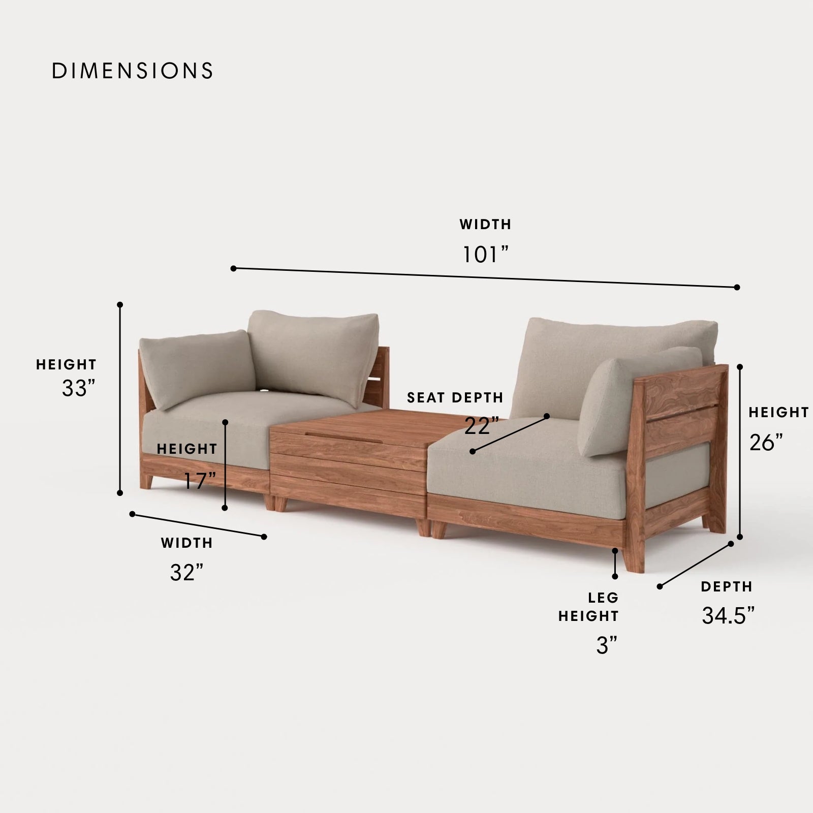 Dwell™ Modular Teak Outdoor 2-Seater + Storage Coffee Table | Classic Canvas in Sand