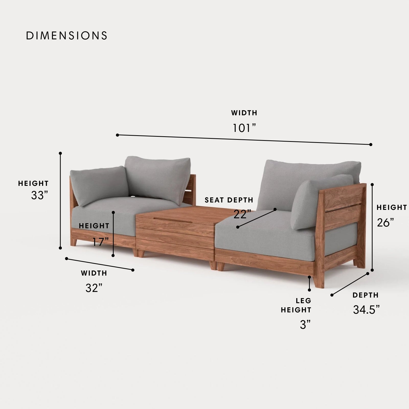 Dwell™ Modular Teak Outdoor 2-Seater + Storage Coffee Table | Classic Canvas in Stone Gray