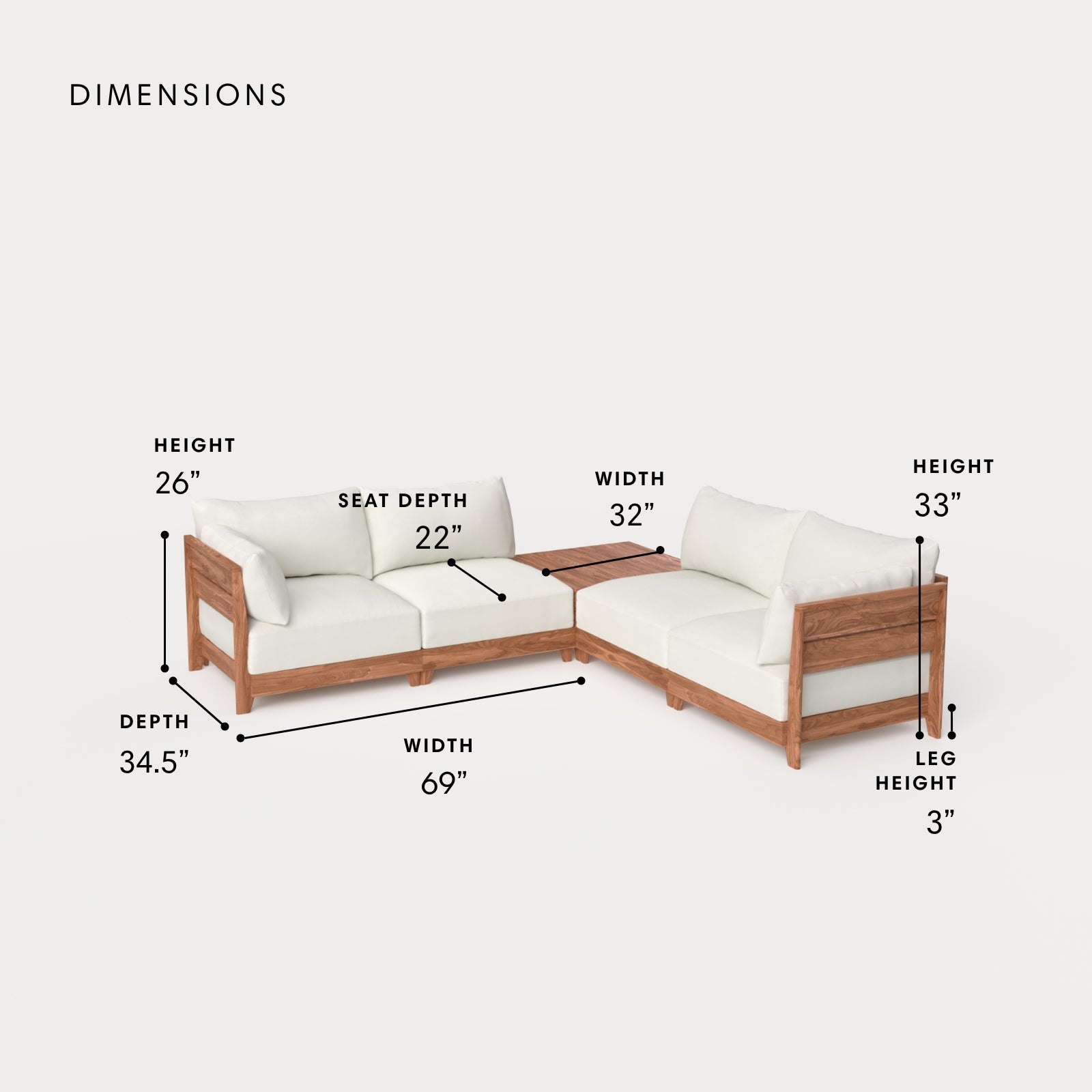 Dwell™ Modular Teak Outdoor 4-Seater L-Sectional + Storage Coffee Table | Classic Canvas in Cloud