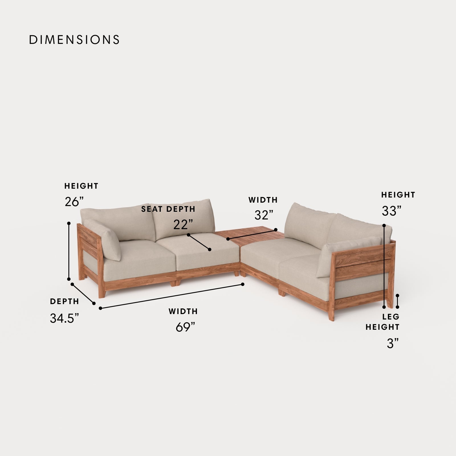 Dwell™ Modular Teak Outdoor 4-Seater L-Sectional + Storage Coffee Table | Classic Canvas in Sand