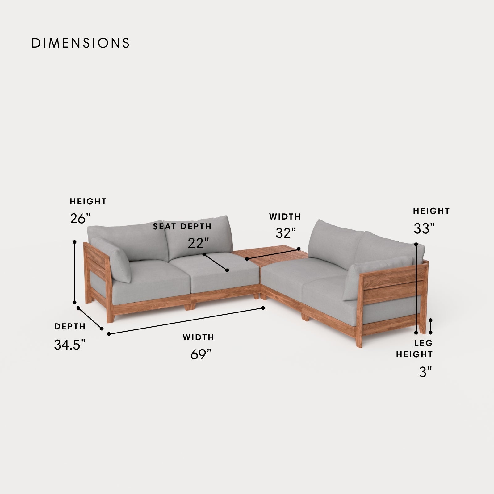 Dwell™ Modular Teak Outdoor 4-Seater L-Sectional + Storage Coffee Table | Classic Canvas in Stone Gray
