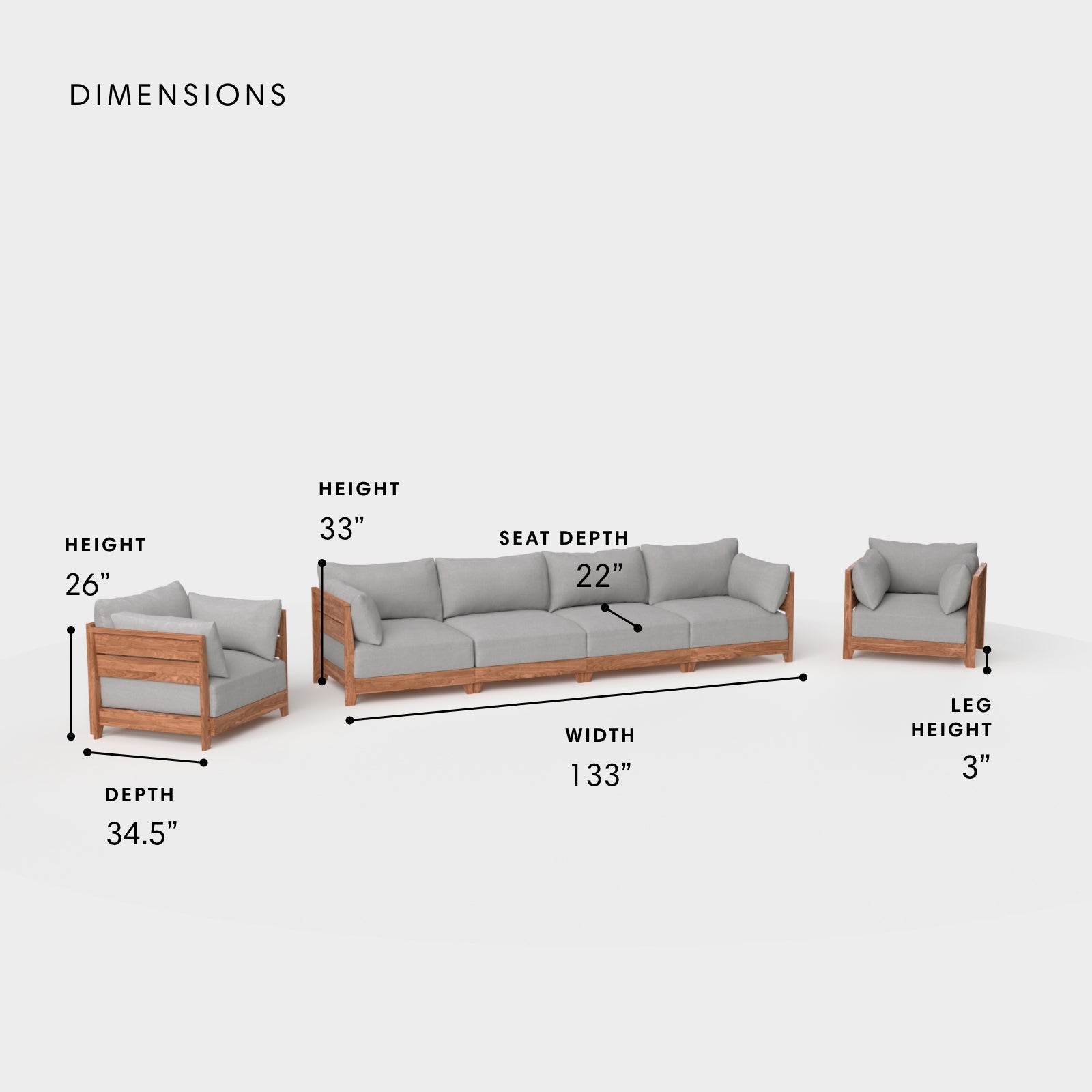 Dwell™ Modular Teak Outdoor 4-Seater Sofa + Armchair Set | Classic Canvas in Stone Gray