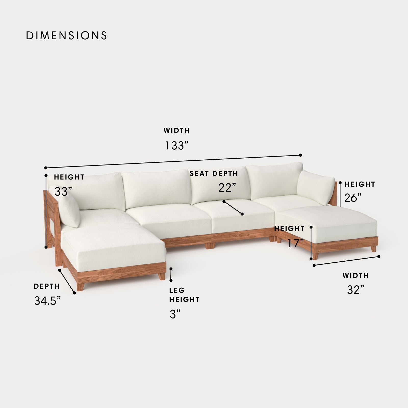 Dwell™ Modular Teak Outdoor 4-Seater U-Sectional | Classic Canvas in Cloud