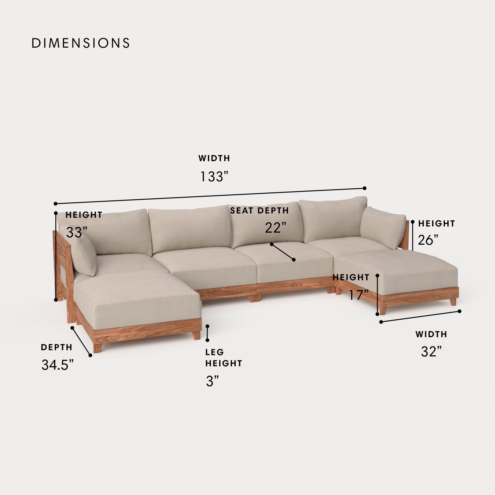 Dwell™ Modular Teak Outdoor 4-Seater U-Sectional | Classic Canvas in Sand