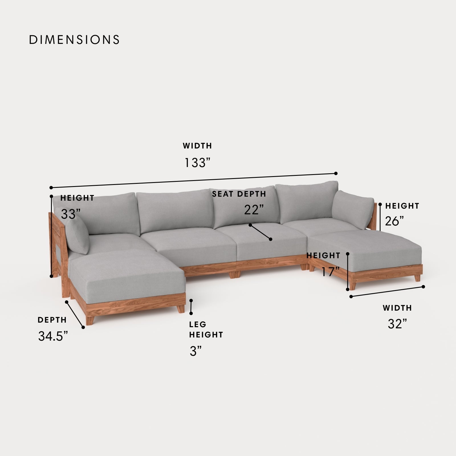 Dwell™ Modular Teak Outdoor 4-Seater U-Sectional | Classic Canvas in Stone Gray