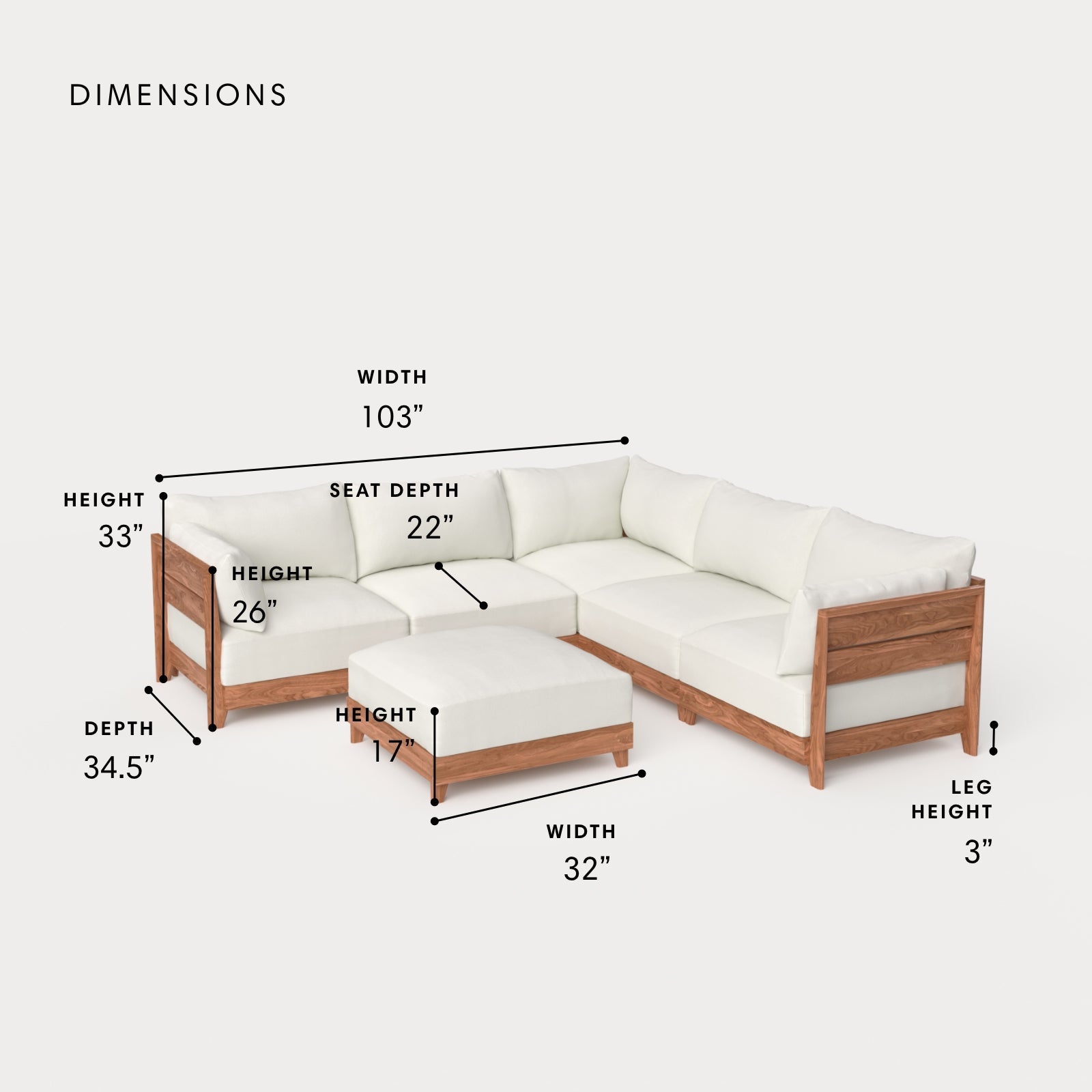 Dwell™ Modular Teak Outdoor 5-Seater L-Sectional + Ottoman | Classic Canvas in Cloud