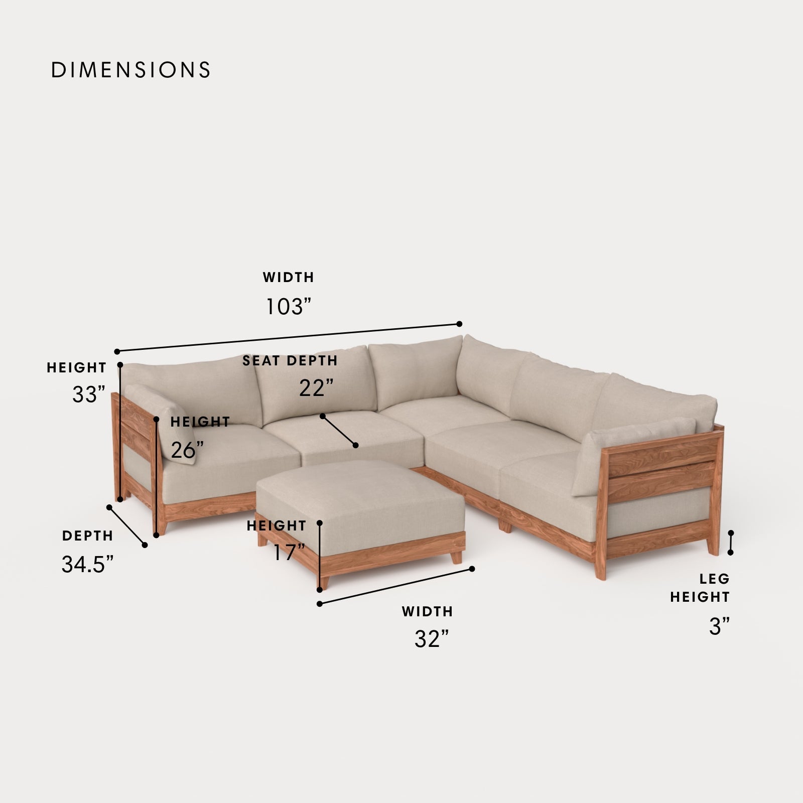Dwell™ Modular Teak Outdoor 5-Seater L-Sectional + Ottoman | Classic Canvas in Sand