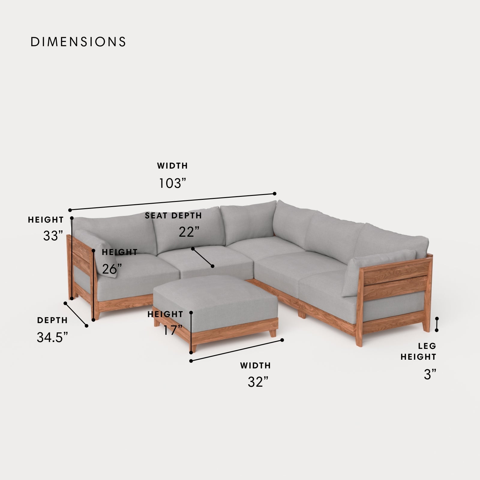 Dwell™ Modular Teak Outdoor 5-Seater L-Sectional + Ottoman | Classic Canvas in Stone Gray