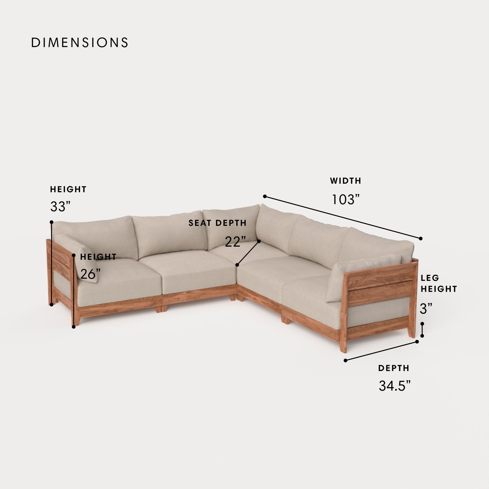Dwell™ Modular Teak Outdoor 5-Seater L-Sectional | Classic Canvas in Sand