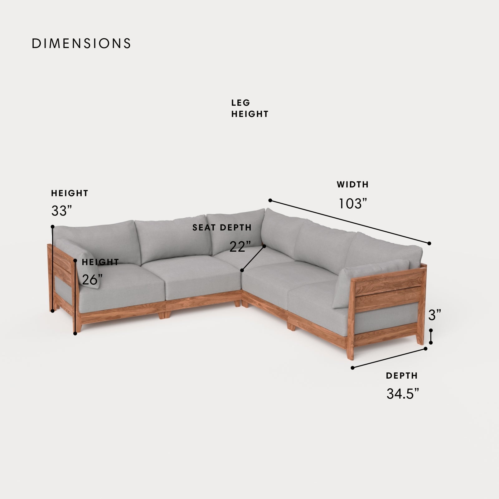 Dwell™ Modular Teak Outdoor 5-Seater L-Sectional | Classic Canvas in Stone Gray