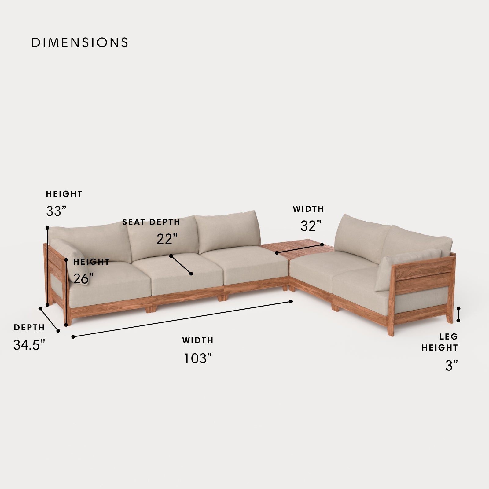 Dwell™ Modular Teak Outdoor 5-Seater L-Sectional + Storage Coffee Table  | Classic Canvas in Sand