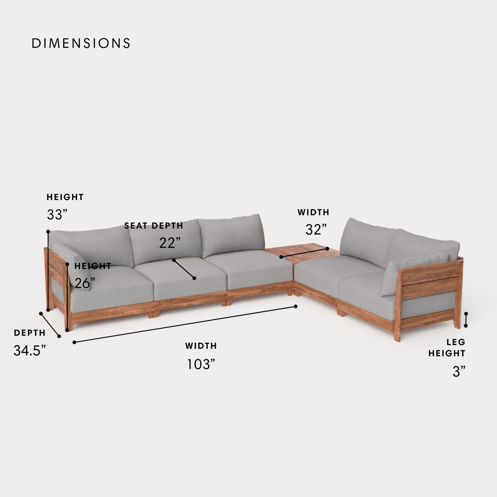 Dwell™ Modular Teak Outdoor 5-Seater L-Sectional + Storage Coffee Table  | Classic Canvas in Stone Gray