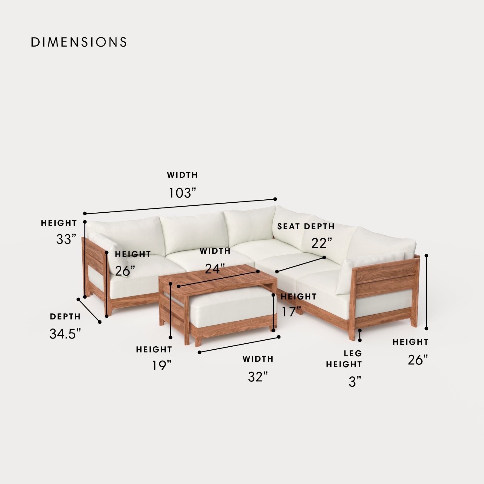 Dwell™ Modular Teak Outdoor 5-Seater L-Sectional with Ottoman + Side Table | Classic Canvas in Cloud