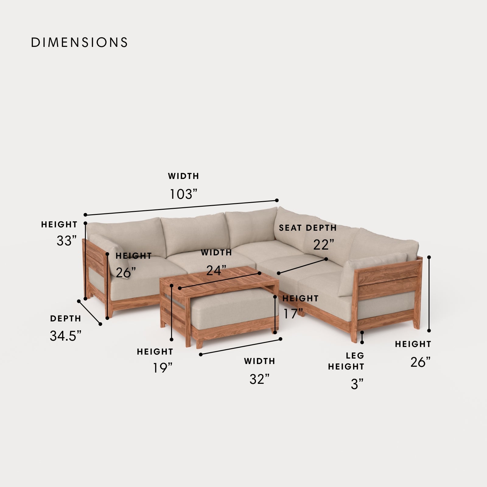 Dwell™ Modular Teak Outdoor 5-Seater L-Sectional with Ottoman + Side Table | Classic Canvas in Sand