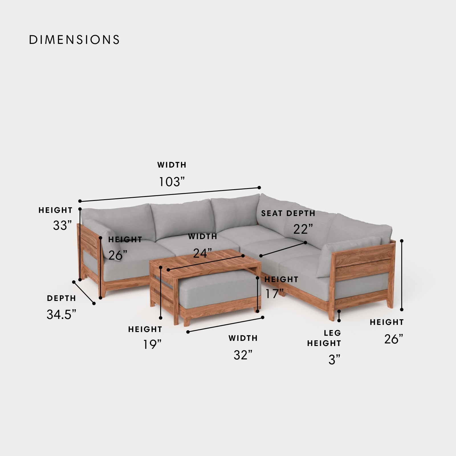 Dwell™ Modular Teak Outdoor 5-Seater L-Sectional with Ottoman + Side Table | Classic Canvas in Stone Gray