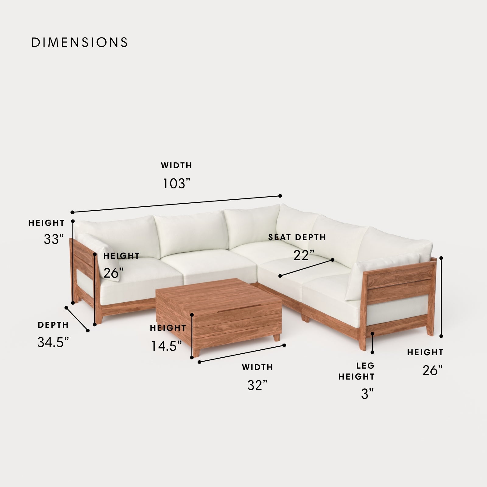 Dwell™ Modular Teak Outdoor 5-Seater L-Sectional with Storage Coffee Table  | Classic Canvas in Cloud