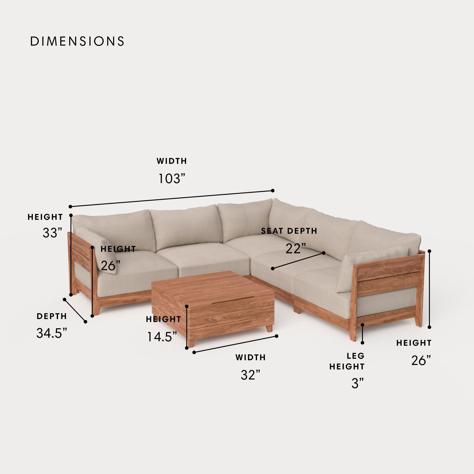 Dwell™ Modular Teak Outdoor 5-Seater L-Sectional with Storage Coffee Table  | Classic Canvas in Sand