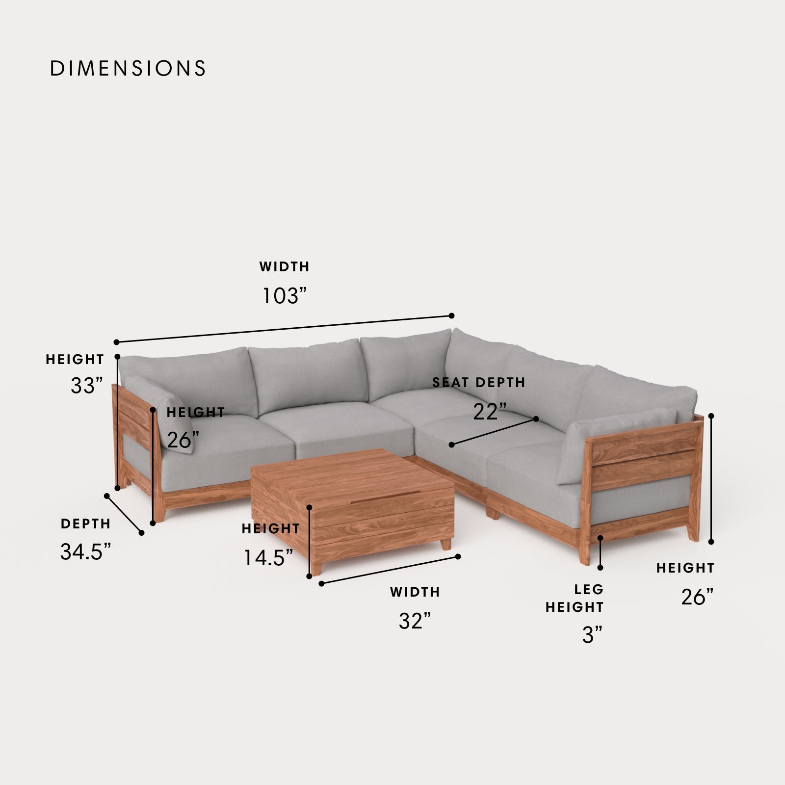 Dwell™ Modular Teak Outdoor 5-Seater L-Sectional with Storage Coffee Table  | Classic Canvas in Stone Gray