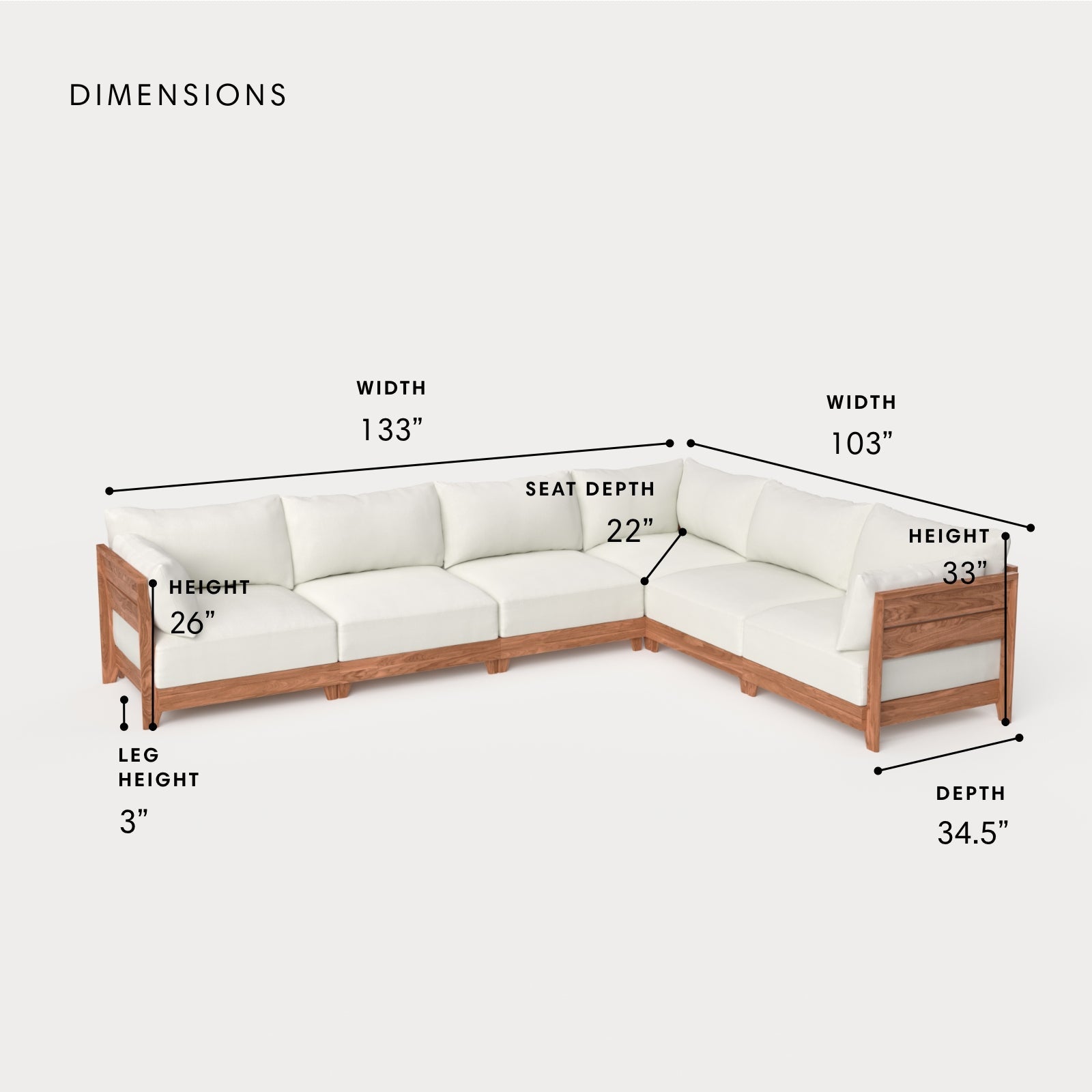 Dwell™ Modular Teak Outdoor 6-Seater L-Sectional | Classic Canvas in Cloud
