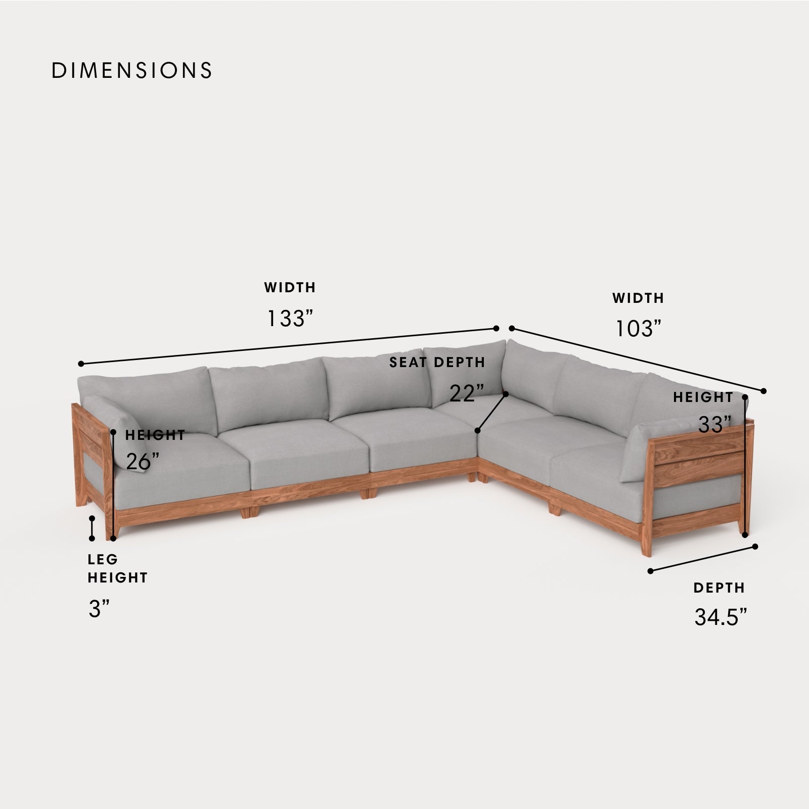 Dwell™ Modular Teak Outdoor 6-Seater L-Sectional | Classic Canvas in Stone Gray