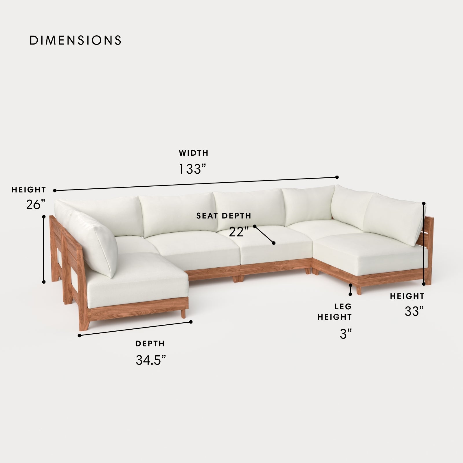 Dwell™ Modular Teak Outdoor 6-Seater U-Sectional | Classic Canvas in Cloud