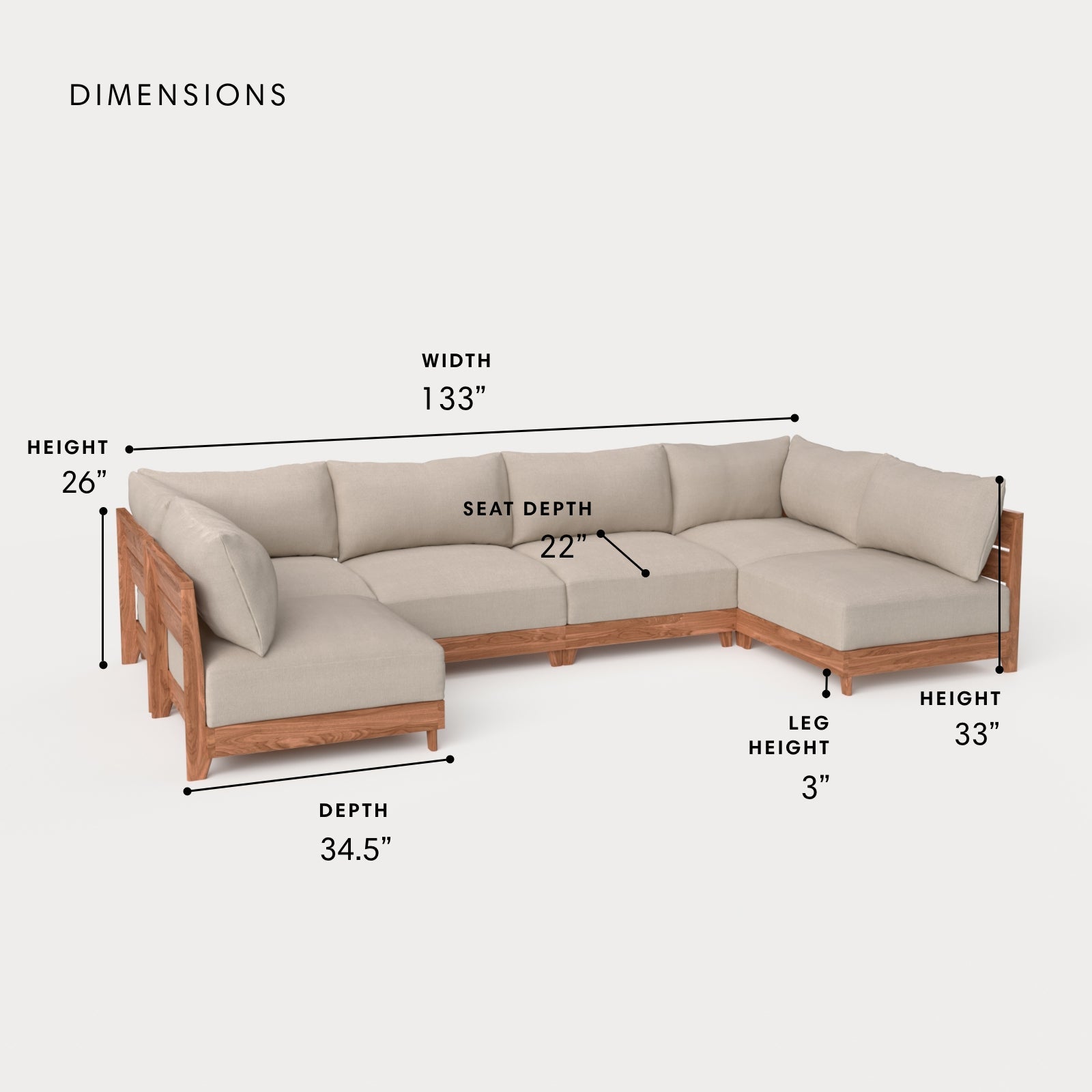 Dwell™ Modular Teak Outdoor 6-Seater U-Sectional | Classic Canvas in Sand