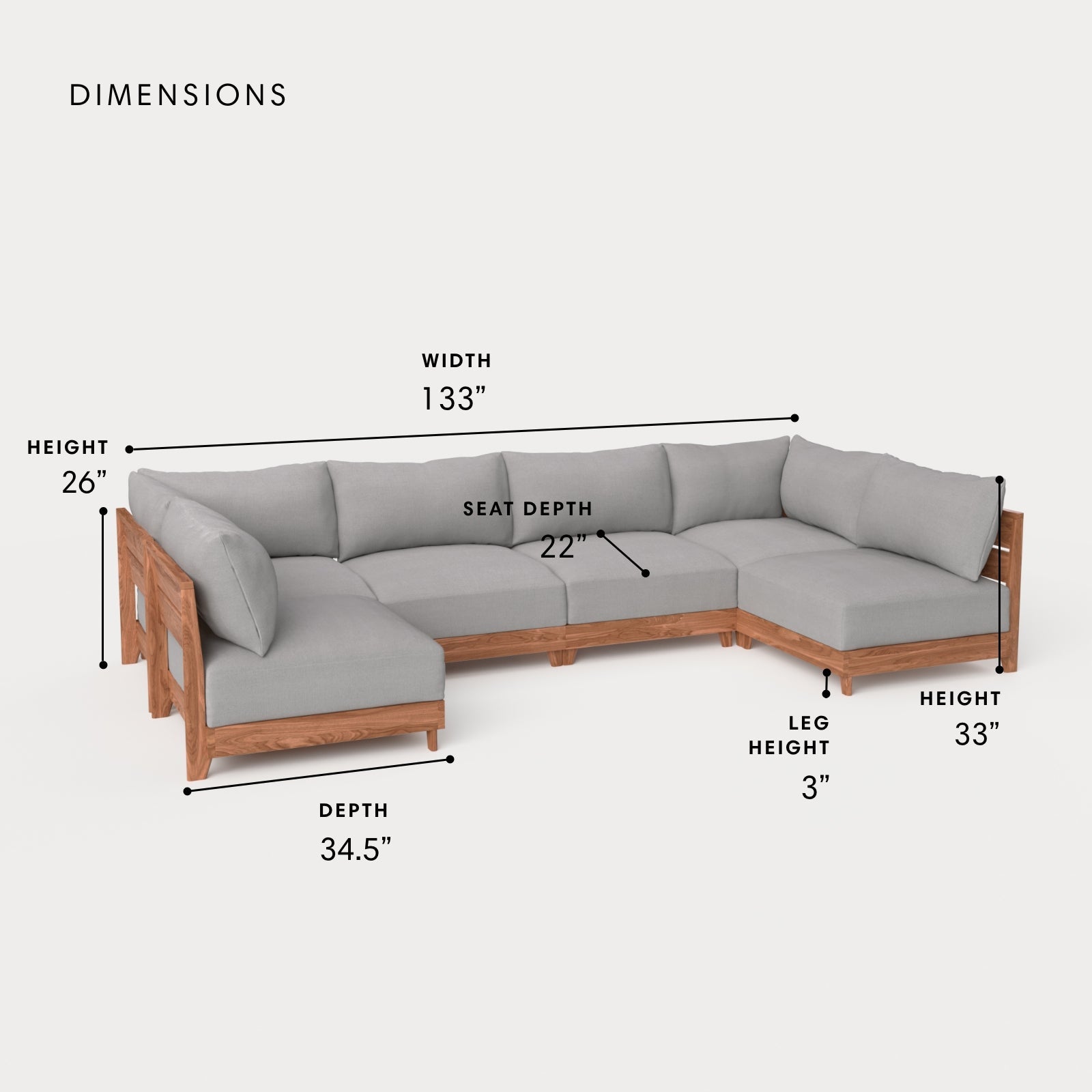 Dwell™ Modular Teak Outdoor 6-Seater U-Sectional | Classic Canvas in Stone Gray