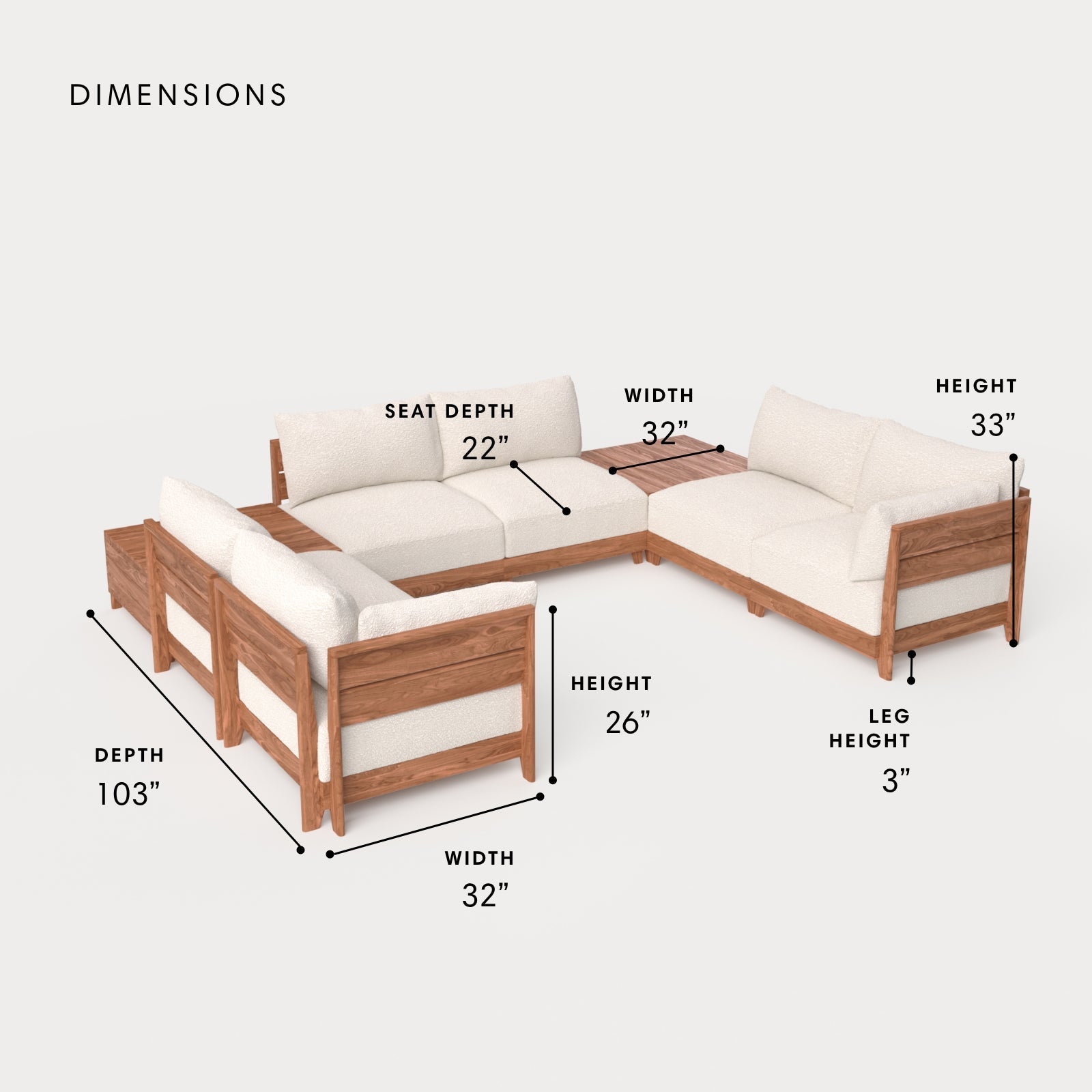 Dwell™ Modular Teak Outdoor 6-Seater U-Sectional + Storage Coffee Tables | Classic Canvas in Cloud