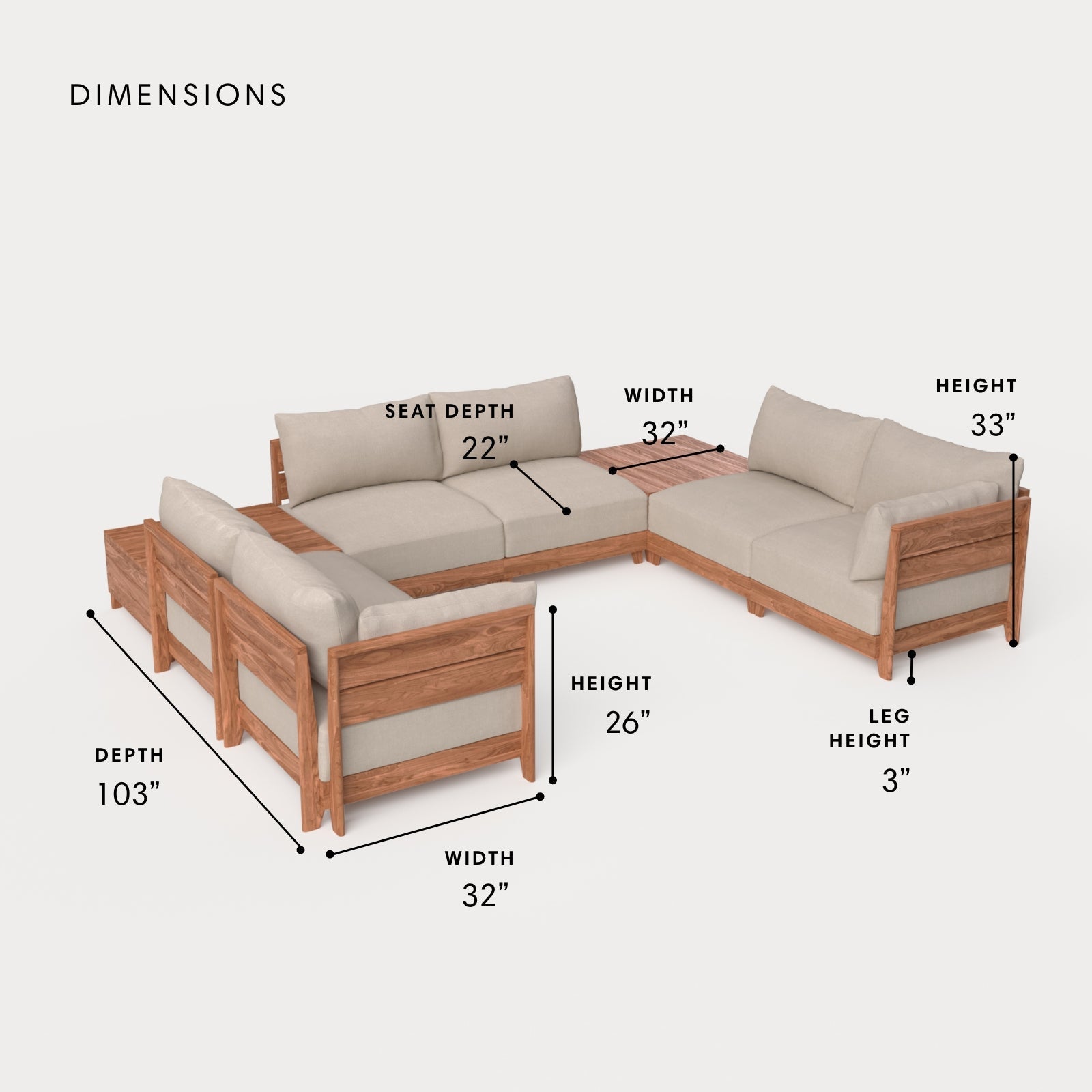 Dwell™ Modular Teak Outdoor 6-Seater U-Sectional + Storage Coffee Tables | Classic Canvas in Sand