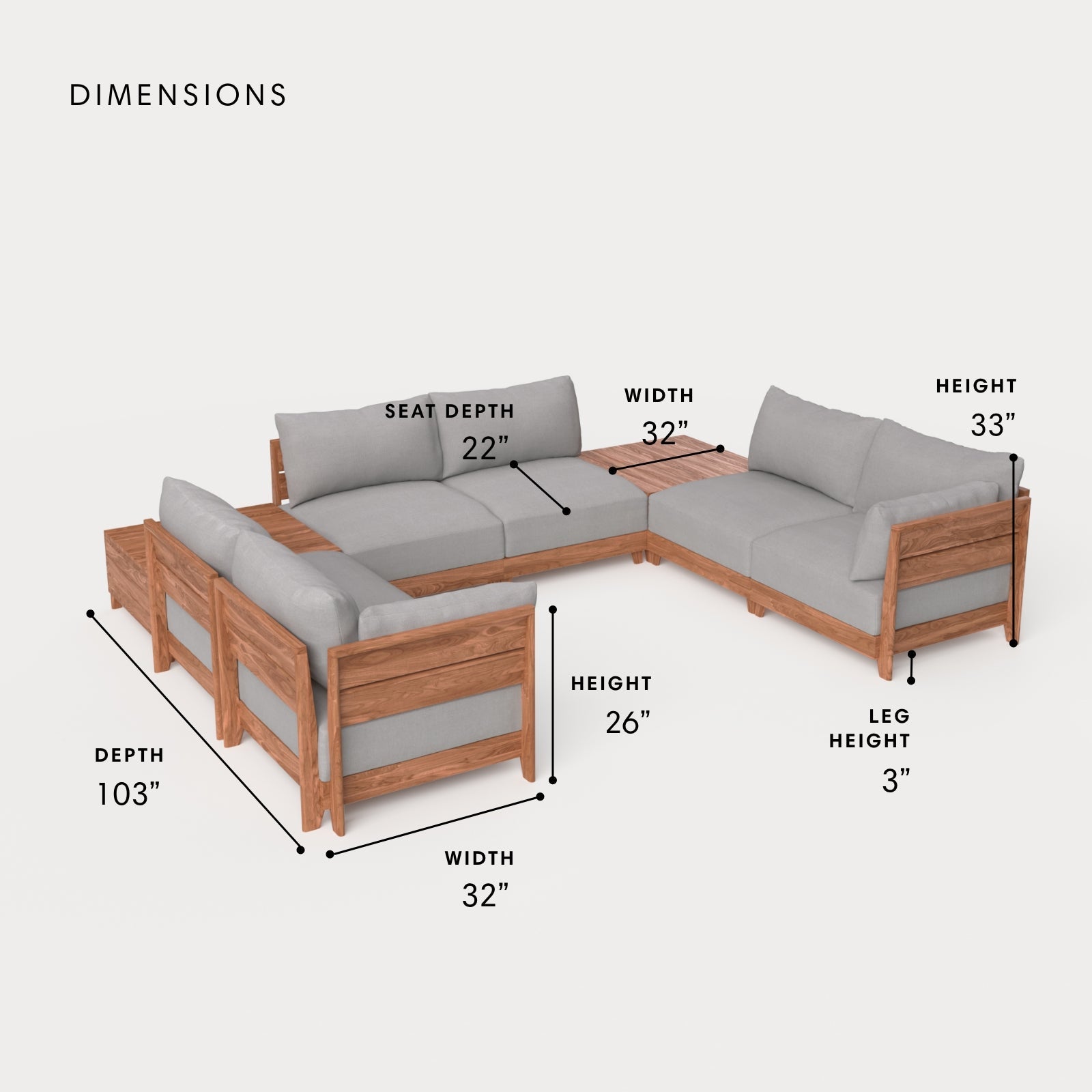 Dwell™ Modular Teak Outdoor 6-Seater U-Sectional + Storage Coffee Tables | Classic Canvas in Stone Gray
