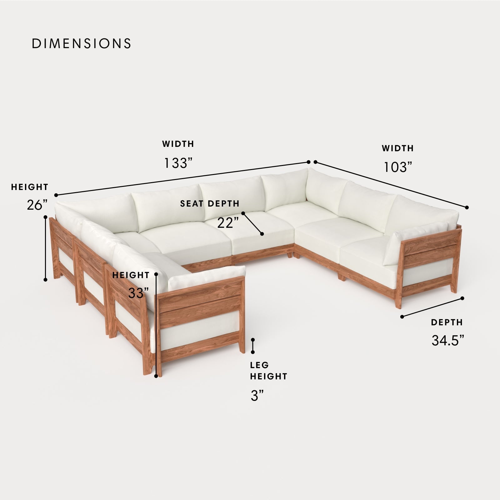 Dwell™ Modular Teak Outdoor 8-Seater U-Sectional | Classic Canvas in Cloud