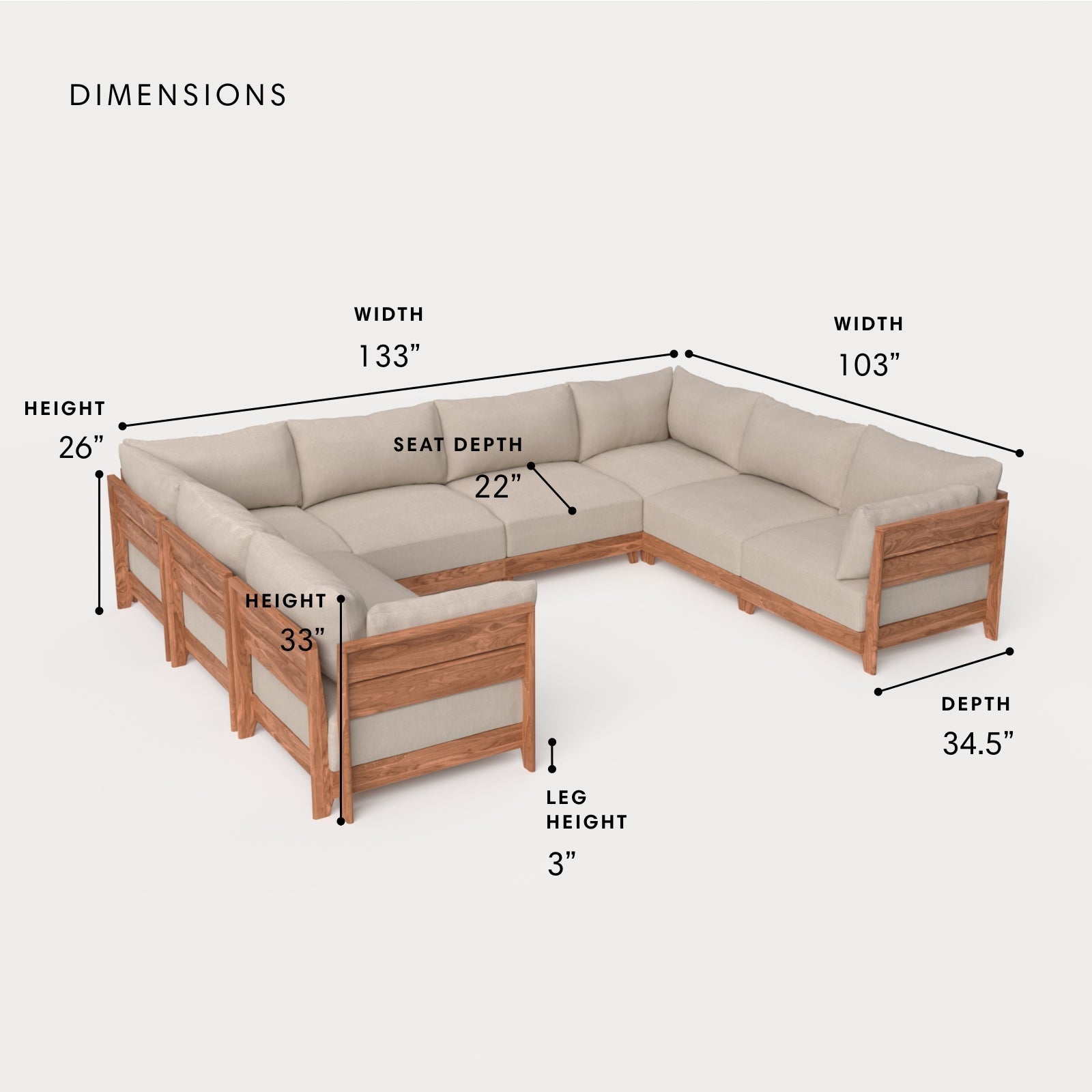 Dwell™ Modular Teak Outdoor 8-Seater U-Sectional | Classic Canvas in Sand