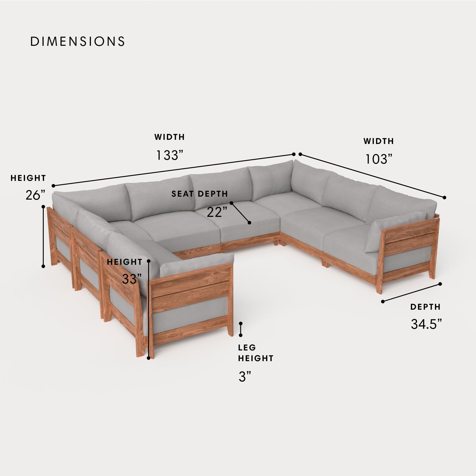 Dwell™ Modular Teak Outdoor 8-Seater U-Sectional | Classic Canvas in Stone Gray