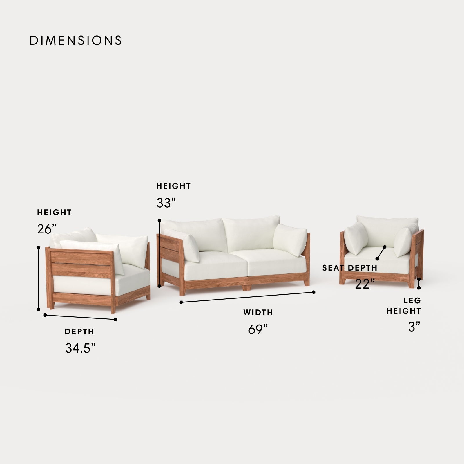 Dwell™ Modular Teak Outdoor Loveseat + Armchair Set | Classic Canvas in Cloud