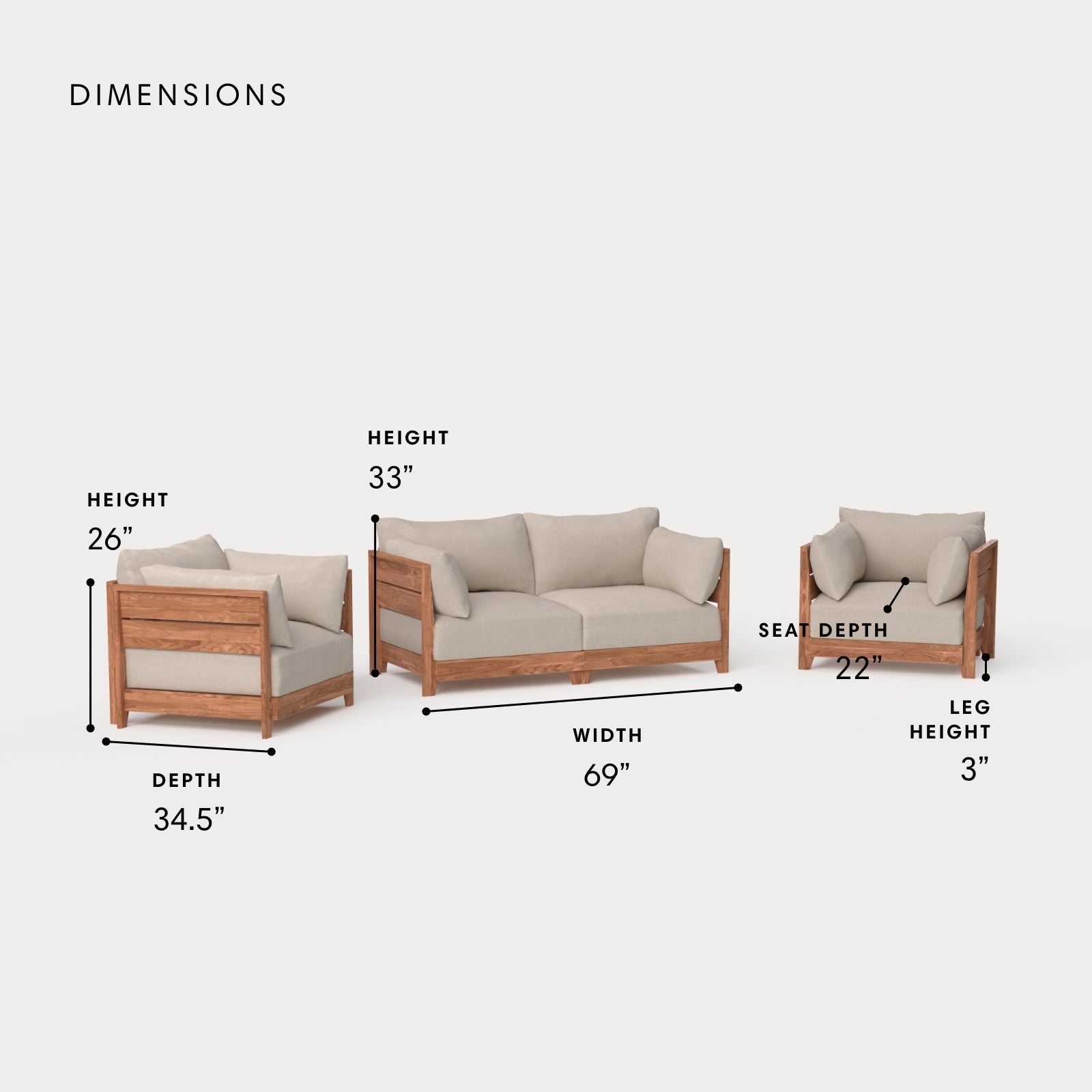 Dwell™ Modular Teak Outdoor Loveseat + Armchair Set | Classic Canvas in Sand