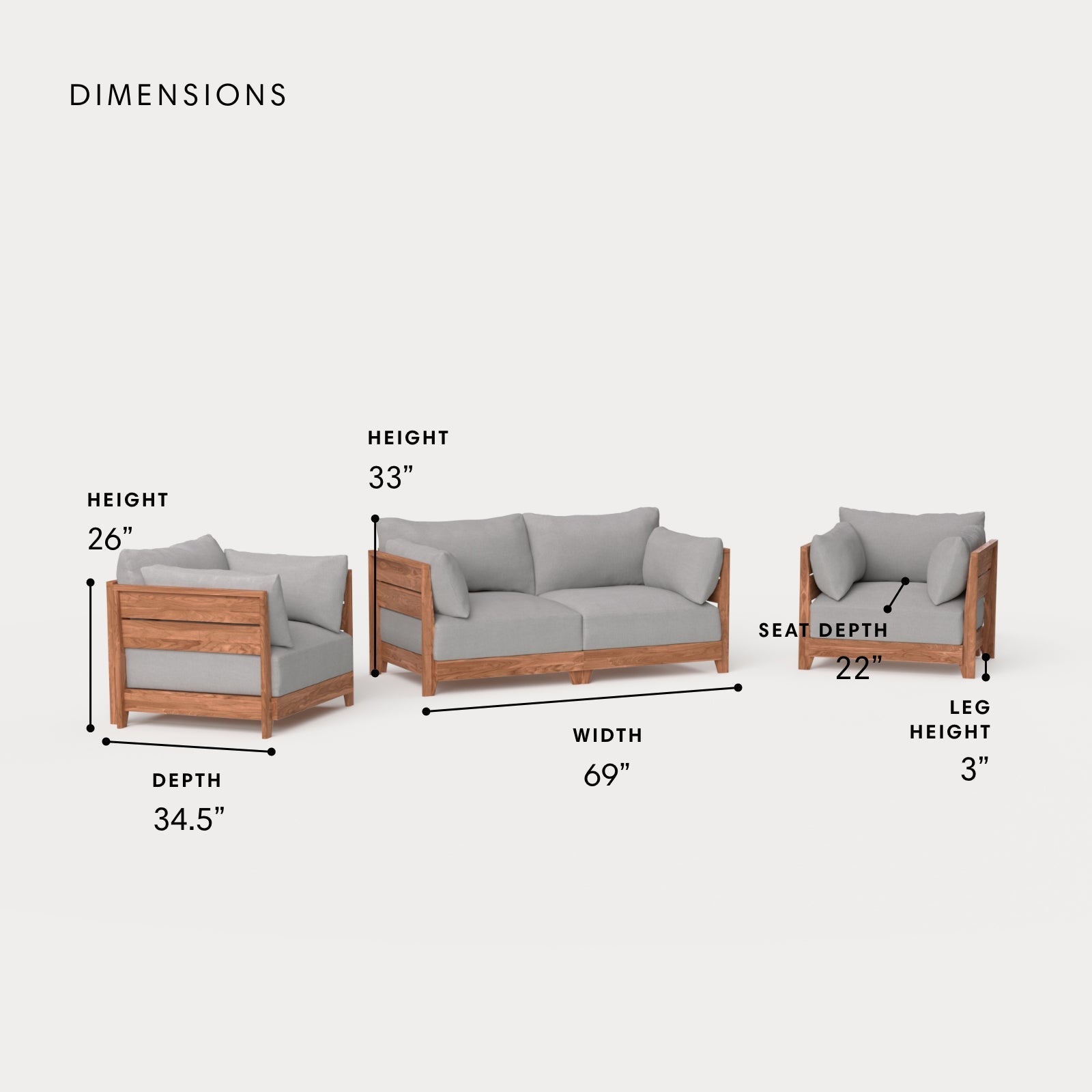Dwell™ Modular Teak Outdoor Loveseat + Armchair Set | Classic Canvas in Stone Gray