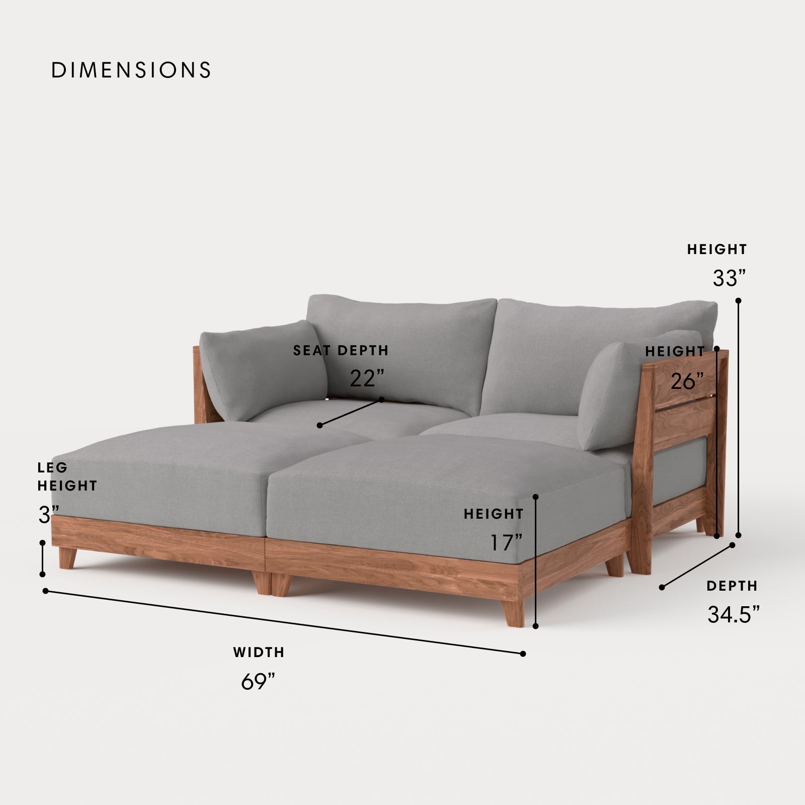 Dwell™ Modular Teak Outdoor Loveseat Daybed | Classic Canvas in Stone Gray